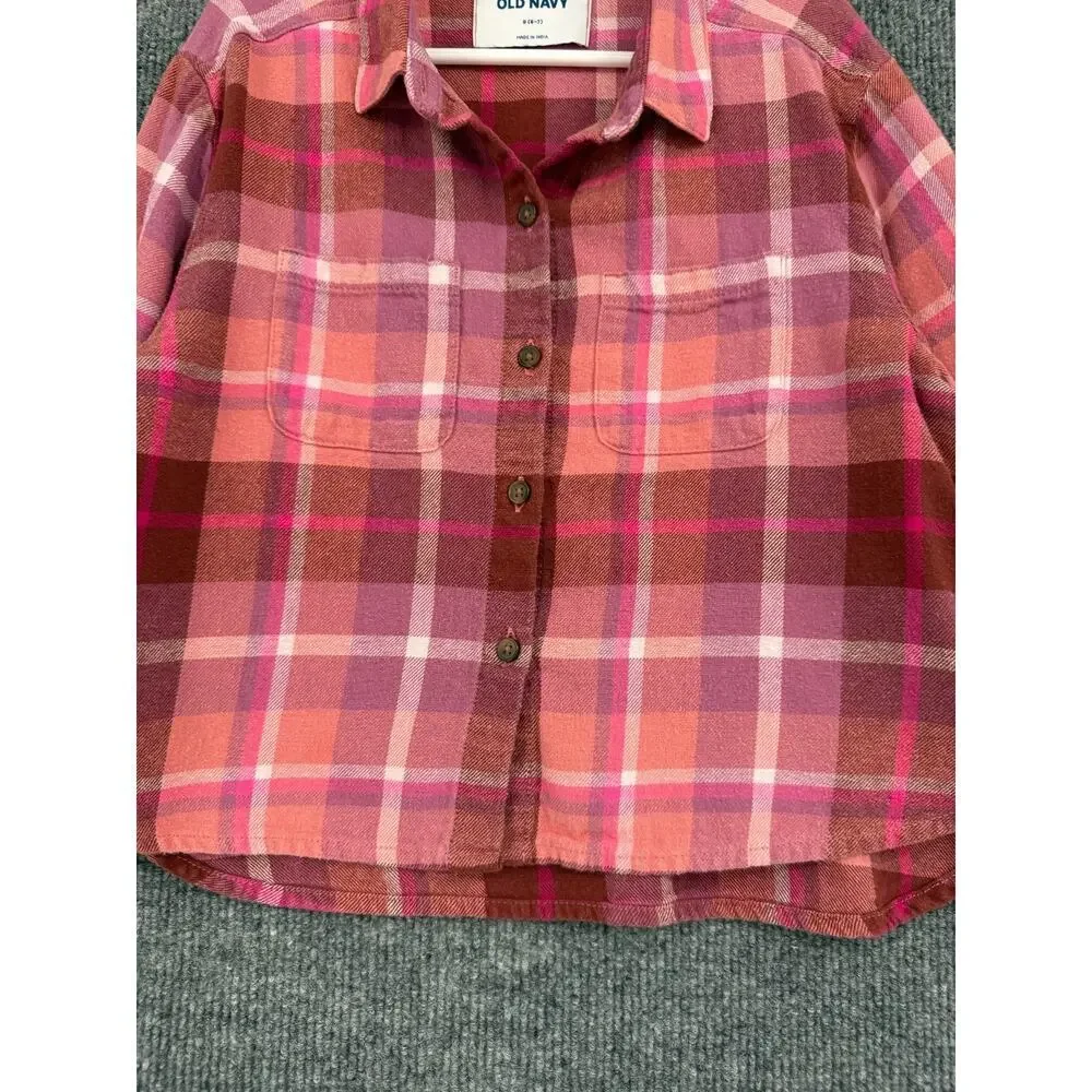 Old Navy Girls Plaid Flannel Button Up Shirt Size 6/7 Pink Cropped Boxy Cotton